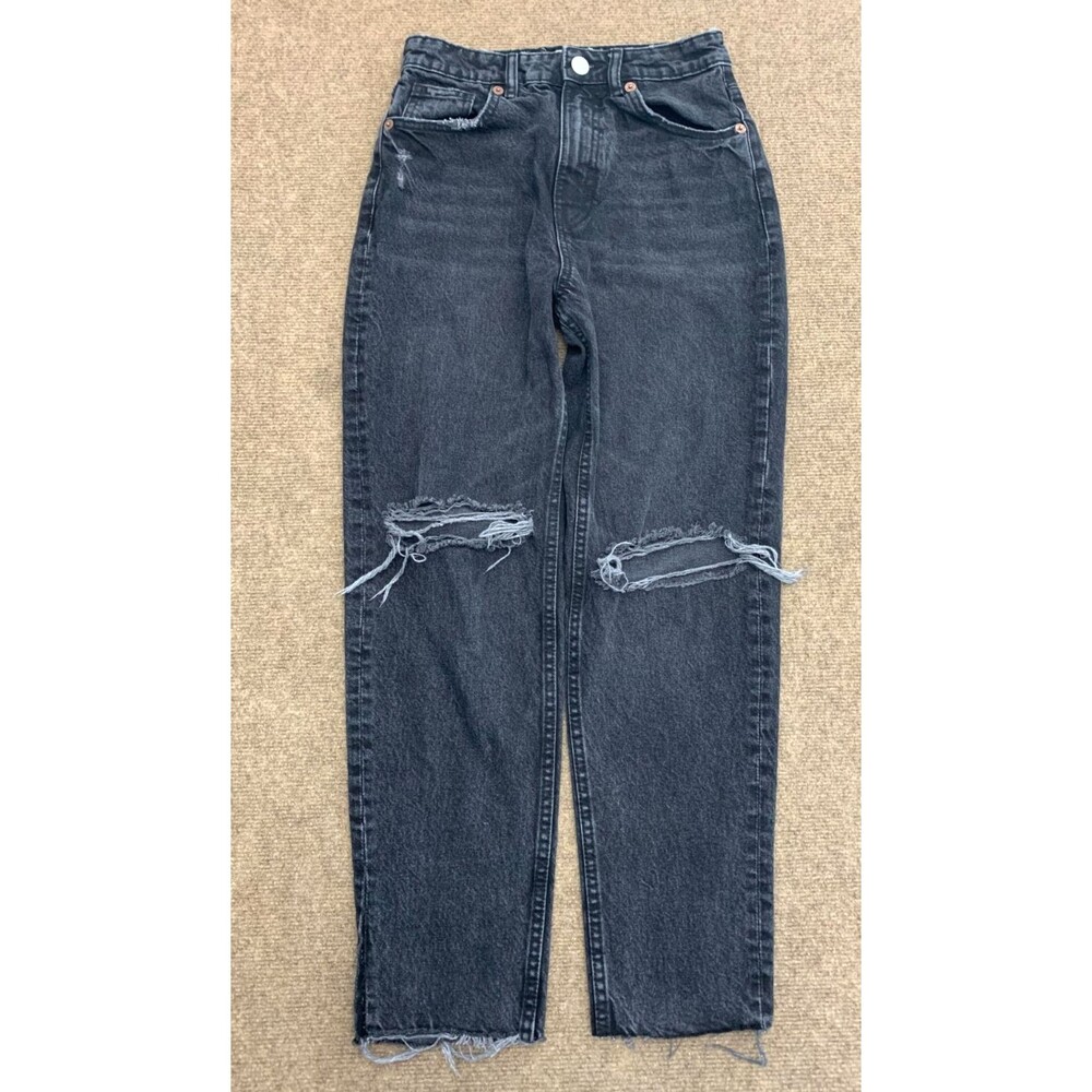 Zara Jeans Womens 4 Barrel Mom High Rise Distressed Raw Hem Black Wash Denim